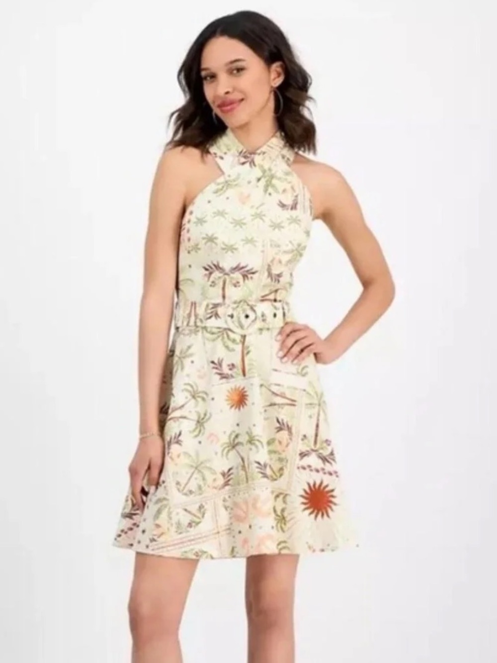 RACHEL Rachel Roy Cream Halter Sundress with Green & Orange Botanical Print.